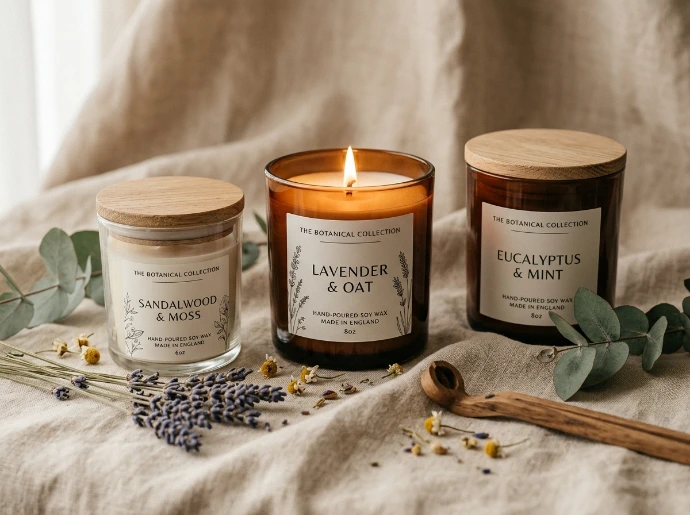Set of 3 handcrafted natural soy scented candles in amber glass jars on linen cloth